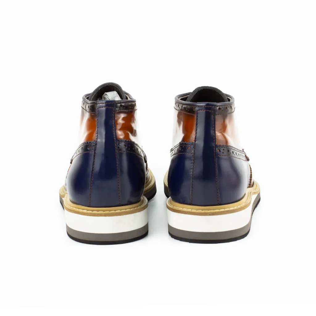Carlo Brown-Navy Blue Men's Genuine Leather Wingtip Lace-Up Chukka Boots