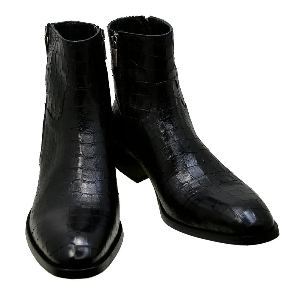Men's Italian Shoes Jo Ghost 2039 Black Leather Print Crocodile Ankle Boots
