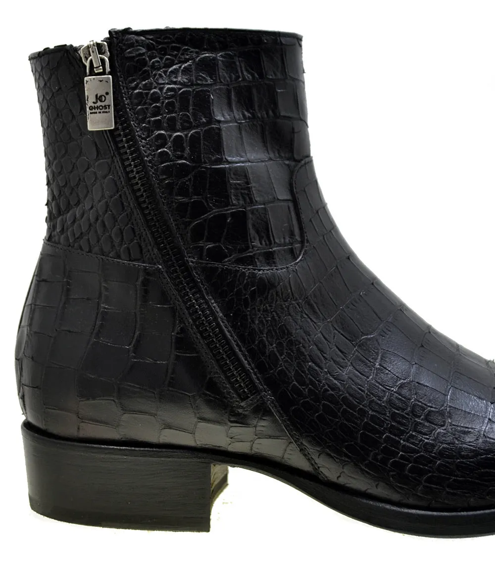 Men's Italian Shoes Jo Ghost 2039 Black Leather Print Crocodile Ankle Boots