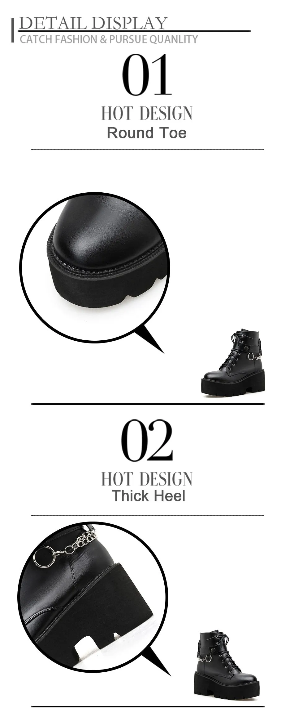 New Sexy Chain Women Leather Autumn Boots Block Heel Gothic Black Punk Style Platform Shoes Female Footwear High Quality