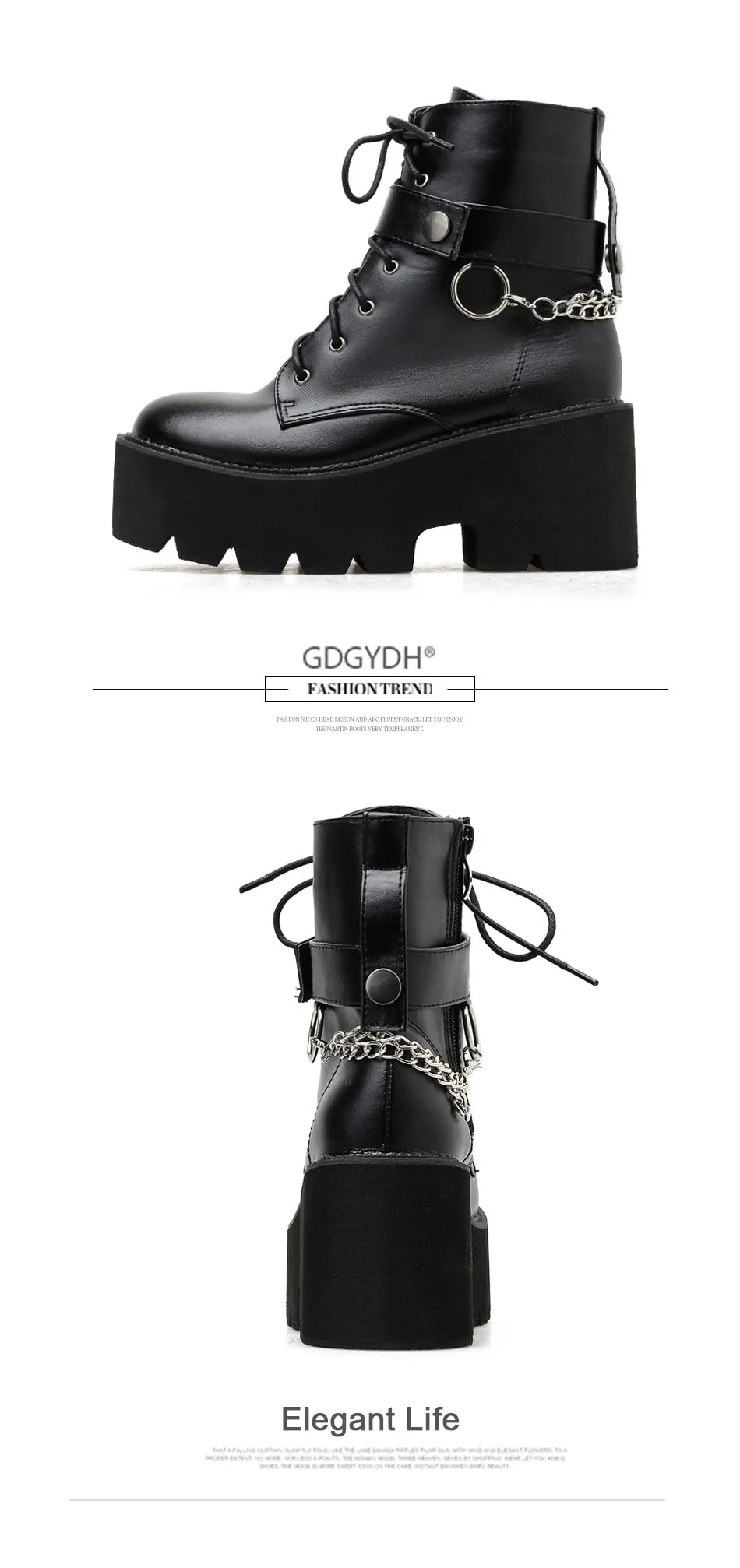 New Sexy Chain Women Leather Autumn Boots Block Heel Gothic Black Punk Style Platform Shoes Female Footwear High Quality