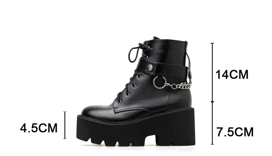 New Sexy Chain Women Leather Autumn Boots Block Heel Gothic Black Punk Style Platform Shoes Female Footwear High Quality