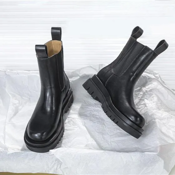 Women's Platform Chelsea Boots Elastic Black Chunky Boots