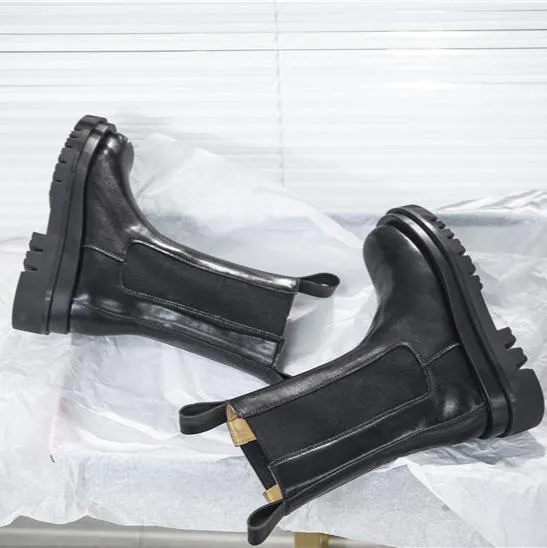 Women's Platform Chelsea Boots Elastic Black Chunky Boots
