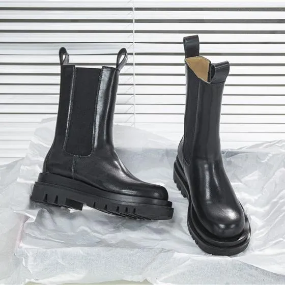Women's Platform Chelsea Boots Elastic Black Chunky Boots